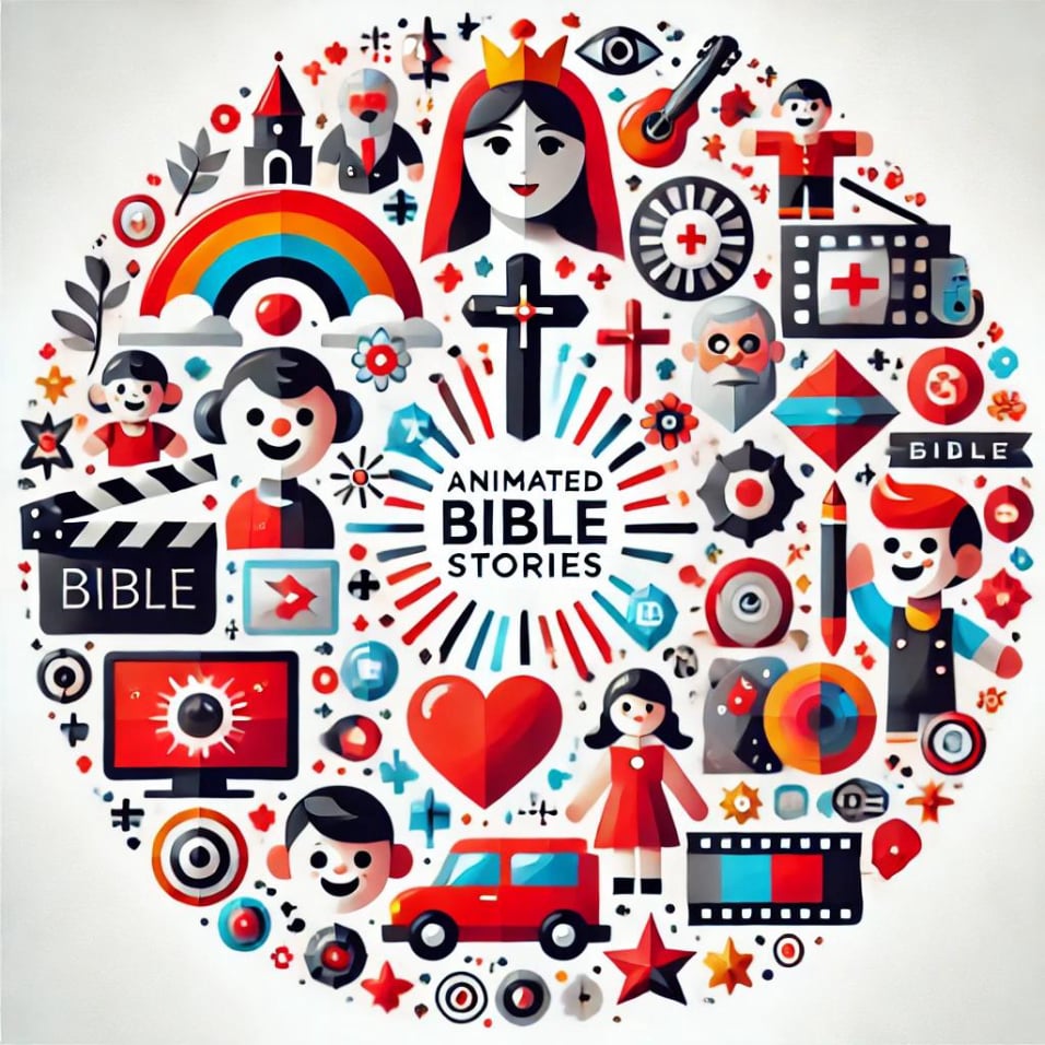 Engaging representation of Animated Bible Stories featuring children's animation and biblical storytelling in a red, black, and white .color scheme.