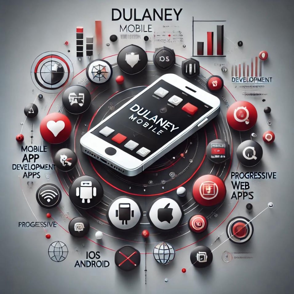 Modern representation of Dulaney Mobile, showcasing mobile app development for iOS, Android, and Progressive Web Apps in a red, black, and white color scheme.