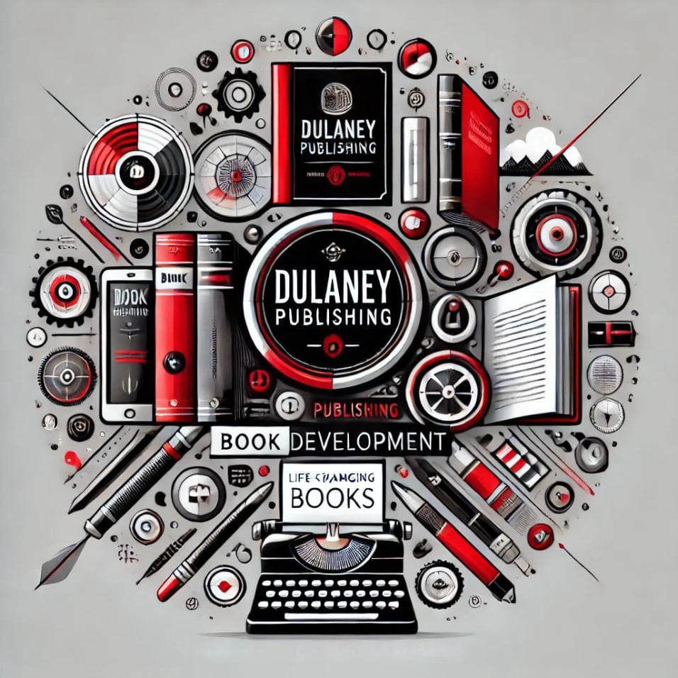 Modern representation of Dulaney Publishing, showcasing book publishing, personal development, and digital product creation in a red, black, and white color scheme.