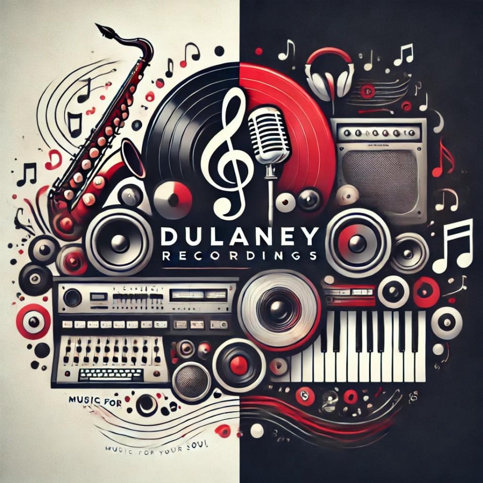 Professional representation of Dulaney Recordings, showcasing smooth jazz and Christian music production with a saxophone and recording elements in a red, black, and white color scheme.