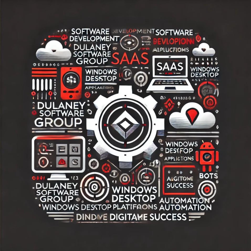 Modern representation of Dulaney Software Group, showcasing software development, SaaS platforms, Windows desktop applications, and automation in a red, black, and white color scheme.