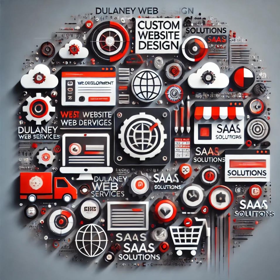 Modern representation of Dulaney Web Services, showcasing custom web development, SaaS solutions, and e-commerce in a red, black, and white color scheme.