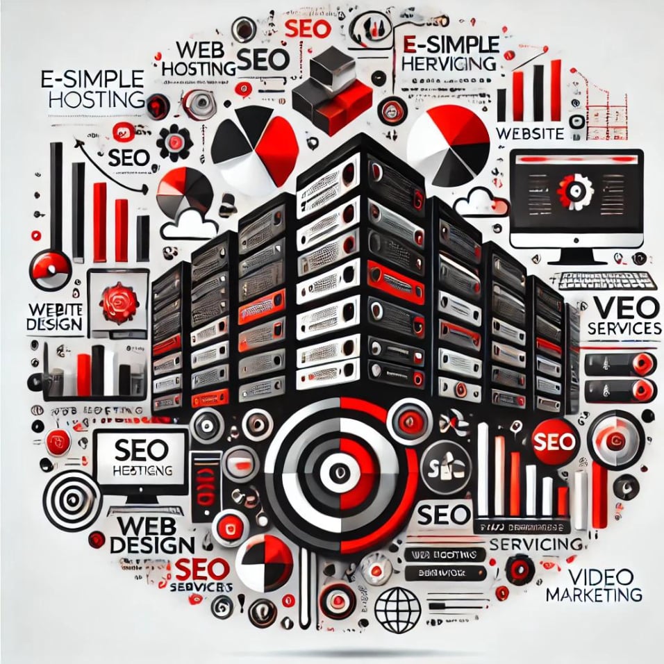 Modern representation of E-Simple Hosting, showcasing web hosting, website design, SEO services, and video marketing in a red, black, and white color scheme.