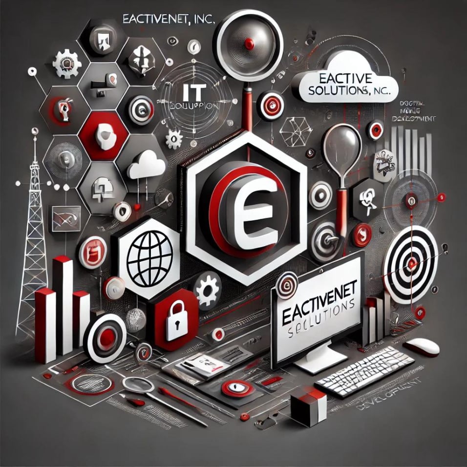 Modern image of EactiveNet, Inc. by Jeffrey Dulaney, showcasing IT solutions, software development, mobile apps, and game development in red, black, white, and gray colors.