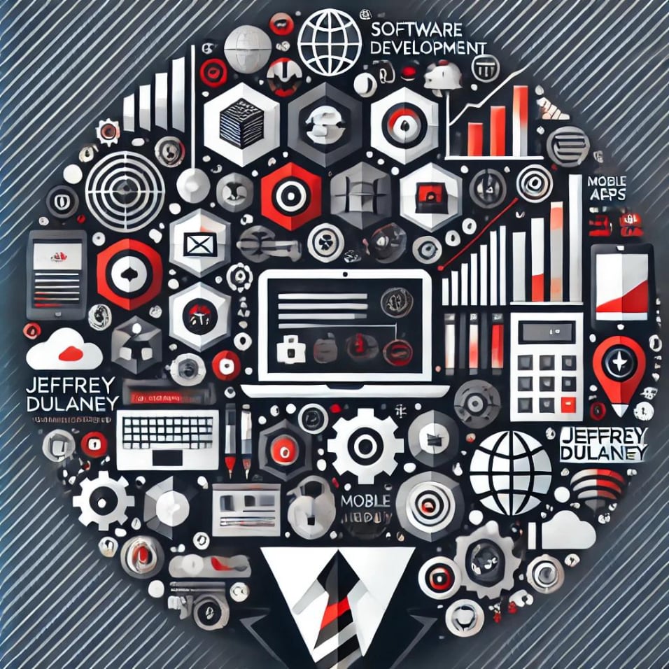 Modern representation of JeffreyDulaney.com featuring elements of technology, software development, web design, mobile apps, and business growth in a red, black, and white color scheme.